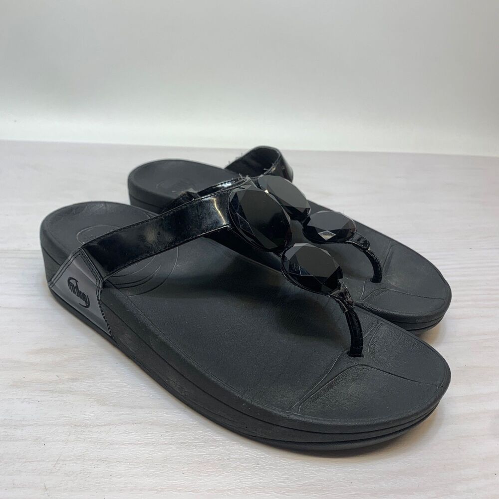 Fitflop Lunetta Women’s Jeweled Black Patent Leather Thong Sandals Size 7